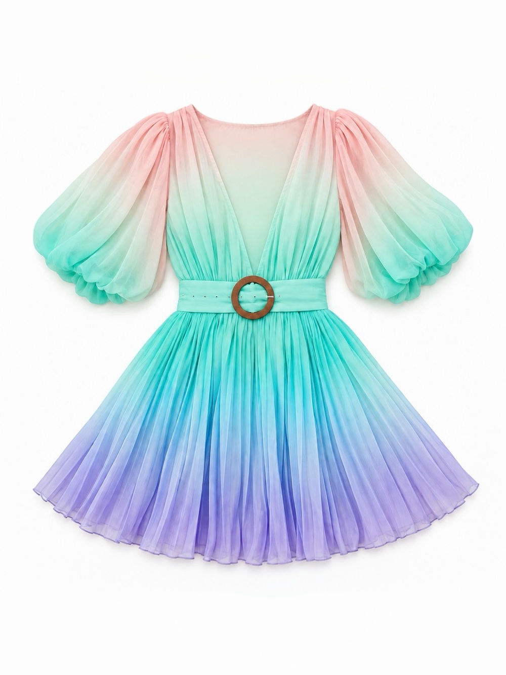 Rococo Sand Pink and Green Gradient Pleated Sundress with Puff Sleeves S